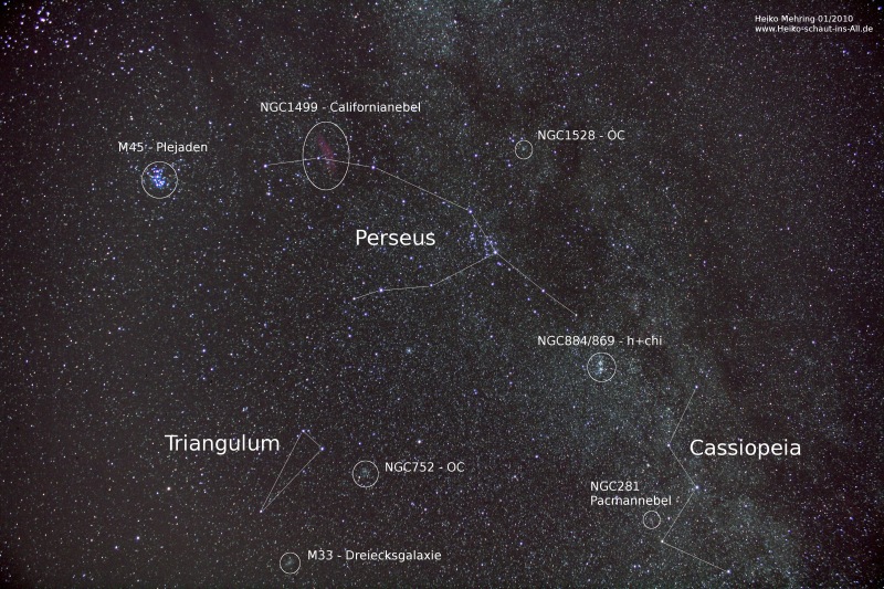 Perseus,Triangulum und Cassiopeia mit Beschriftung